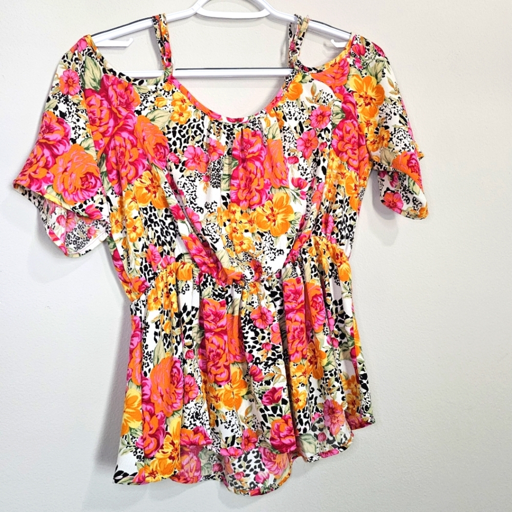 Guess Floral Leopard Print Cold Shoulder Peplum Blouse
